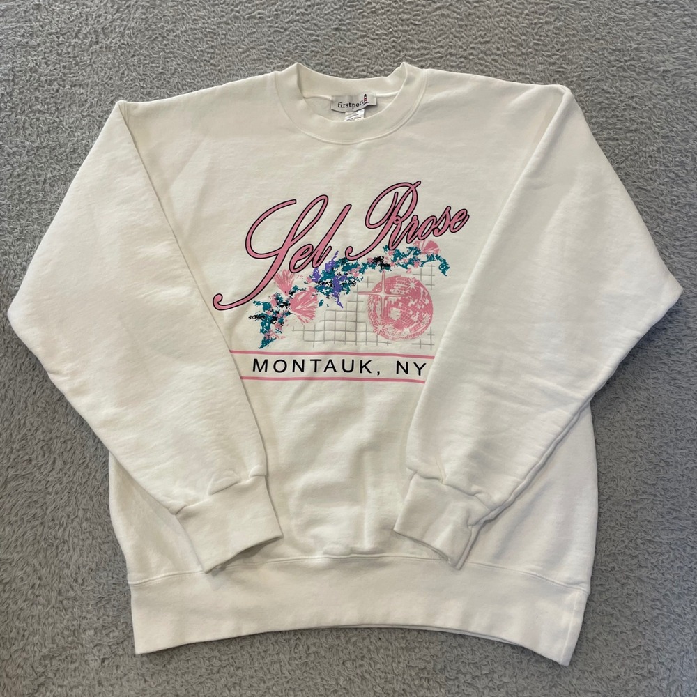 Firstport Montauk NY Sweatshirt Womens Small White Oversized Crewneck Pullover